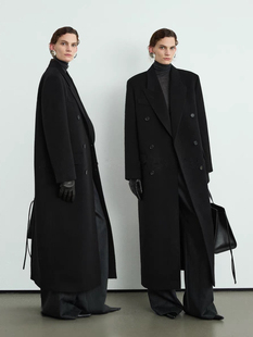 黑色双面羊毛外套女秘鲁INCA进口BABYALPACA经典长款西装大衣