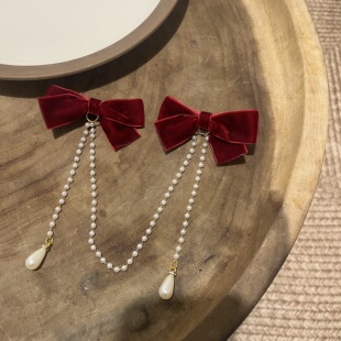 黑色酒红丝绒耳边夹儿童 气质珍珠新年发夹宝宝 过年对夹边夹 头