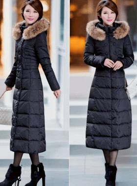 2025冬装超大毛领加厚修身紫色羽绒服女长款过膝时尚大码外套反季