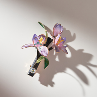 非遗绒花原创新中式 发夹边夹黑檀木紫兰花中国风古典汉服旗袍发饰