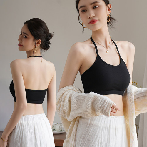 文胸一体式挂脖内衣女2026新款网红爆款黑色美背打底吊带背心抹胸