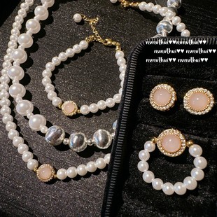 玉露珠盘粉玉髓蛋形宝石珍珠项链 大溪地 澳白掐丝球球贝珠项链
