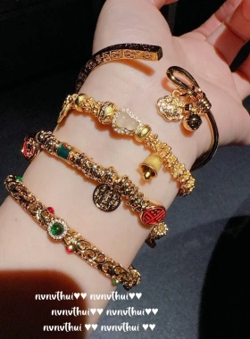 古法金色 花丝如意彩宝玉髓手镯 新中式 铃铛葫芦盘缠手串 套装