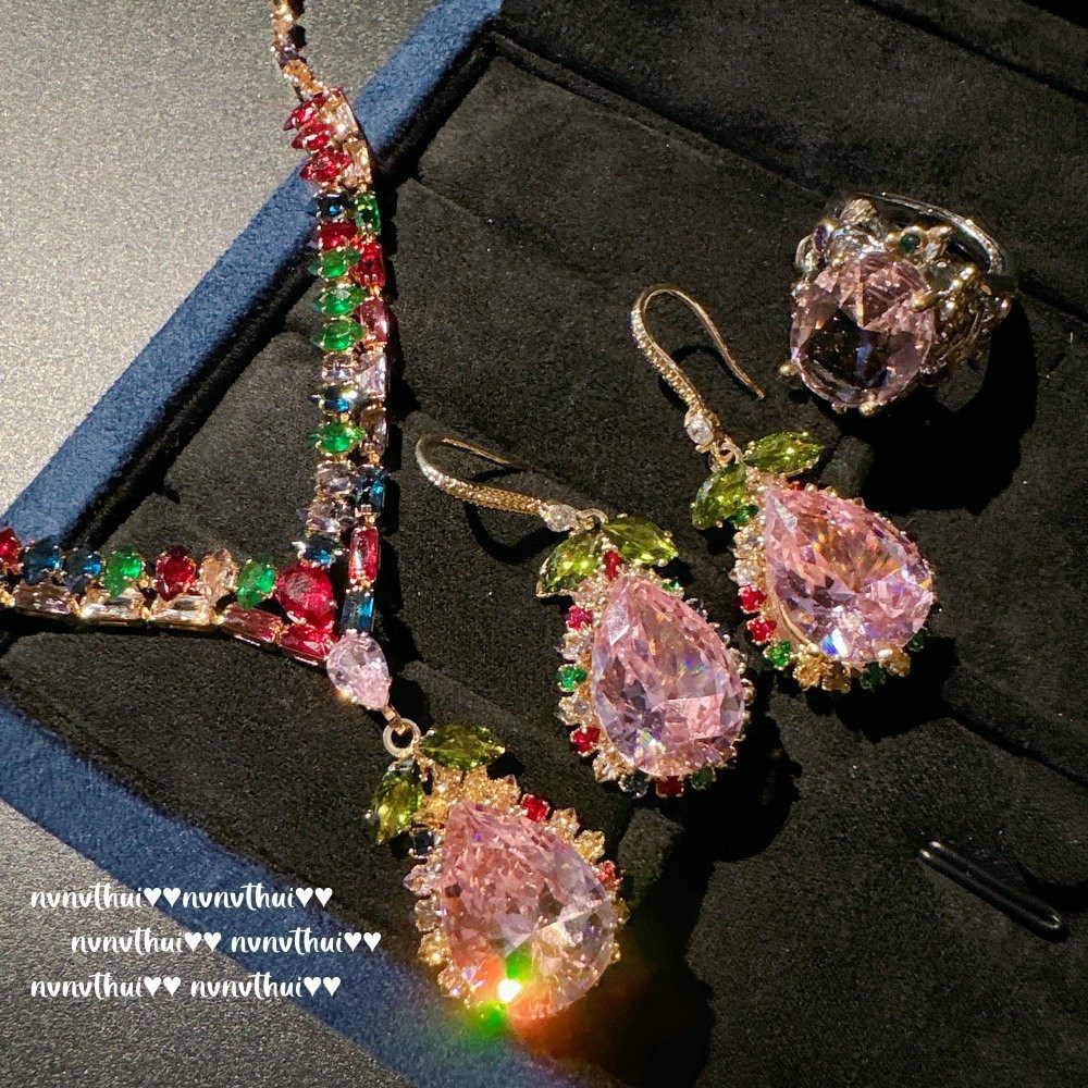 藤蔓彩虹大水滴宝石项链 繁花仙女 镀18K金 阿盖尔粉泪滴锆石耳环