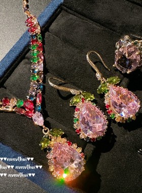藤蔓彩虹大水滴宝石项链 繁花仙女 镀18K金 阿盖尔粉泪滴锆石耳环