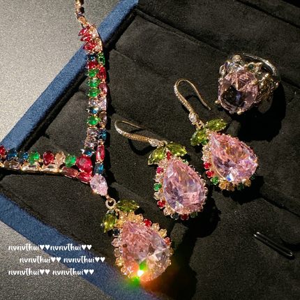 藤蔓彩虹大水滴宝石项链 繁花仙女 镀18K金 阿盖尔粉泪滴锆石耳环