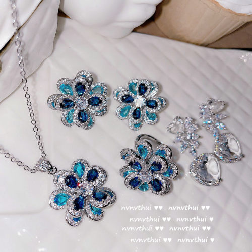 油画海蓝宝石耳环 镀18K多切面水滴之心彩宝锆石花朵闪钻爱心耳坠
