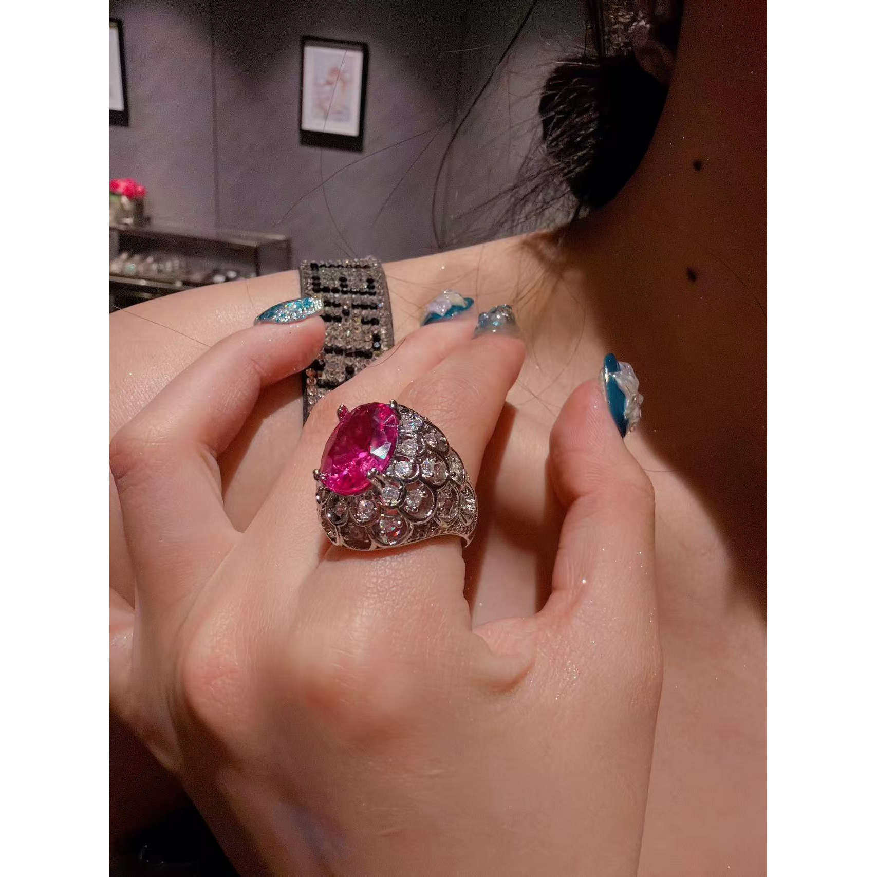 珠宝腰缠万贯西瓜碧玺鸽子蛋蜂巢宝石戒指富婆梅花切彩宝闪钻戒指
