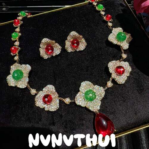 珠宝 婚饰套装 繁花红绿宝石水滴花藤项链 鎏金花瓣点钻耳环
