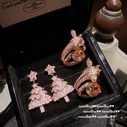 年会珠宝 艳彩橘钻麋鹿宝石戒指 Vintage 星星圣诞树锆石耳环