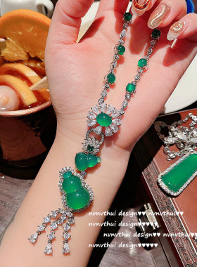 油画孔雀绿葫芦宝石项链 镀18K金祖母绿玉髓扇子锆石毛衣链 手链