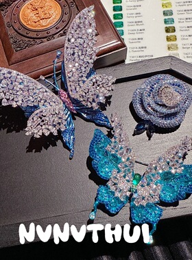 珠宝 圣玛利亚蓝色彩金蝴蝶胸针 高定托帕海蓝宝水滴蝴蝶梦幻胸针