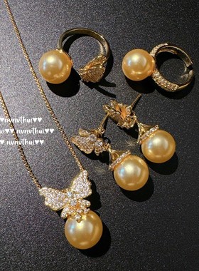菲律宾茶金翩翩蝴蝶珍珠项链 南洋金珠蝴蝶锆石贝珠耳环 戒指套装