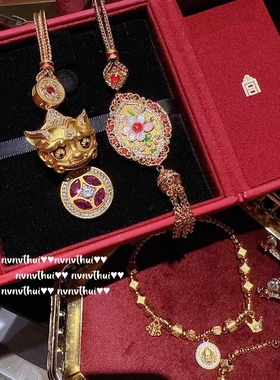 古法金色花丝螺钿花瓣珐琅吊坠项链 新中式 貔貅铜钱锆石项链套装