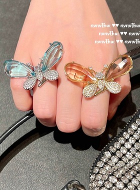 马尔代夫蓝水滴宝石蝴蝶戒指 霜花 镀18K金彩宝锆石蝴蝶戒指