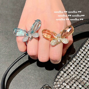 马尔代夫蓝水滴宝石蝴蝶戒指 霜花 镀18K金彩宝锆石蝴蝶戒指