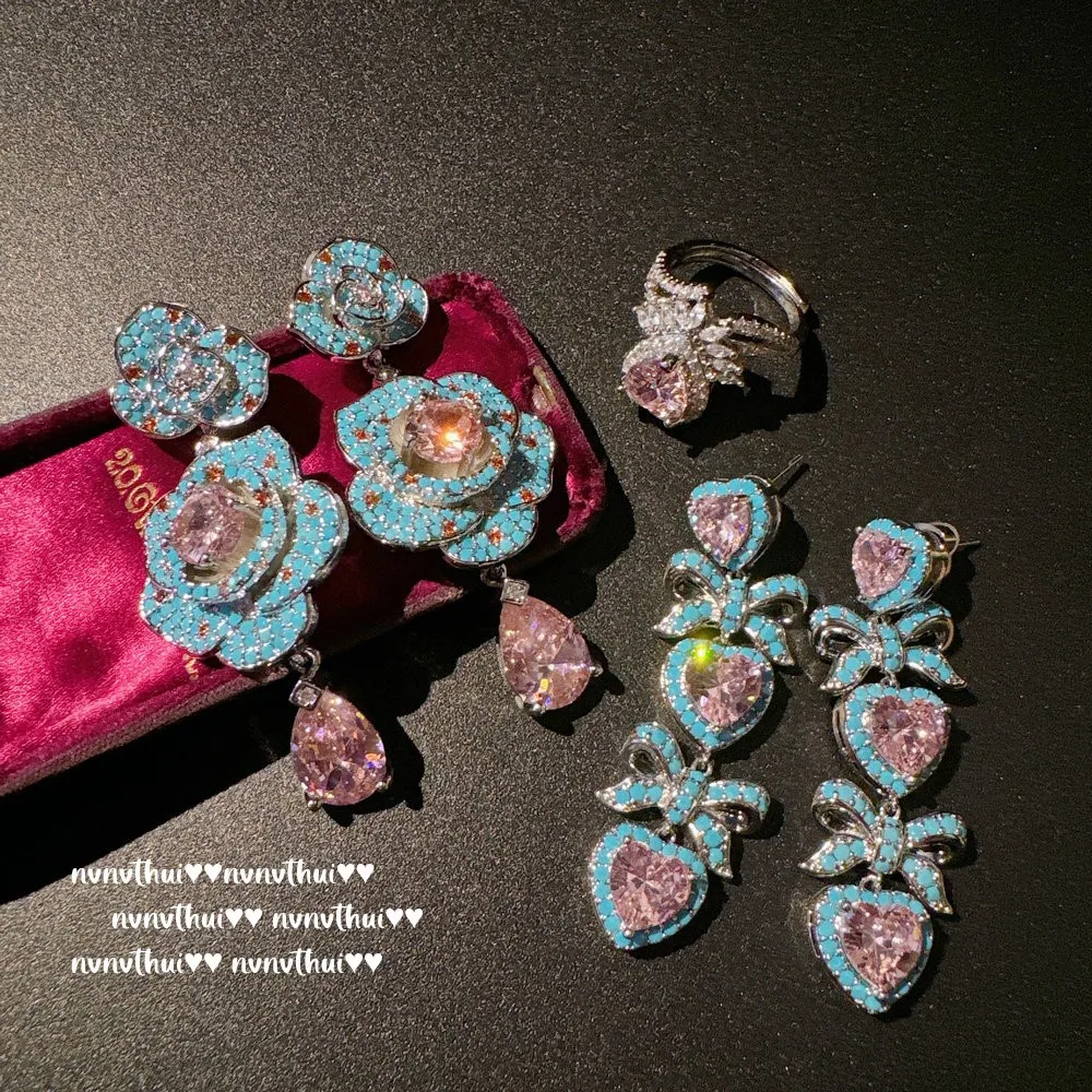 奥地利宫廷山茶花宝石耳环 Vintage镀18K金 阿盖尔粉爱心滴釉耳坠