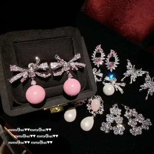 桃桃豆蔻蝴蝶结宝石珍珠耳环 富贵迷人 花环锆石花神耳坠 组合