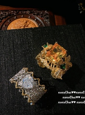 蕾丝蜂巢大克拉宝石戒指 古董感 镀18K金 暮光黄锆石雕纹戒组合