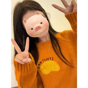 穿搭加厚外穿针织衫 慵懒风字母芒果刺绣圆领套头毛衣女秋冬季 上衣