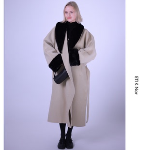 ETIK Nor瑞典黑色毛领拼色羊毛羊绒大衣