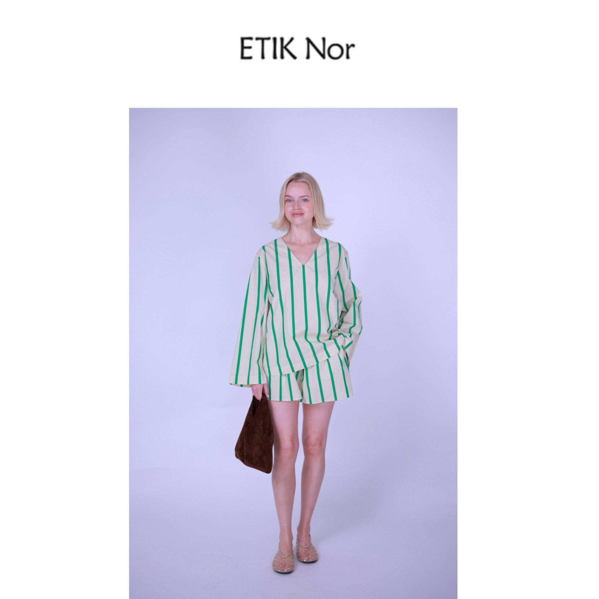 ETIK Nor瑞典绿色宽条纹棉长袖V领短裤休闲套装