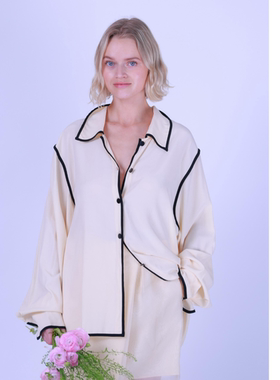 ETIK Nor瑞典重磅真丝米白色滚边黑色衬衣上衣