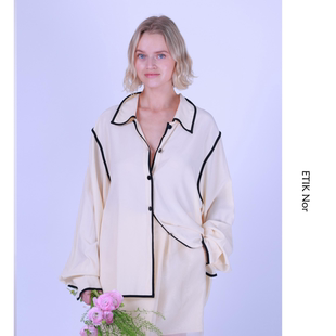 ETIK Nor瑞典重磅真丝米白色滚边黑色衬衣上衣