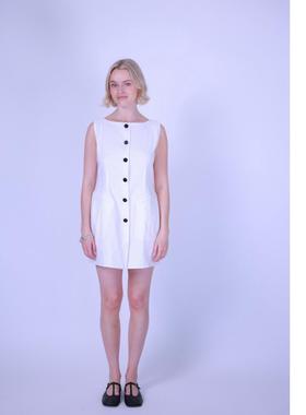 ETIK Nor瑞典白色无袖意大利弹力麻收腰连衣裙上衣