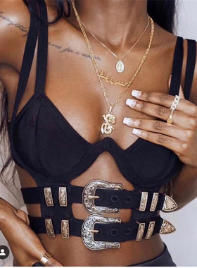 欧美时尚酒会DJ派对性感吊带上衣车模网红蹦迪金属扣短背心女绷带