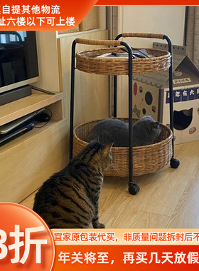 宜家鲁巴恩台桌带储物藤条黑色可移动边几茶几万向轮藤编艺术推车