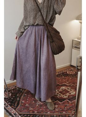 法国小众Mes限定纯棉植物蜡染水洗灰紫A字大摆半裙