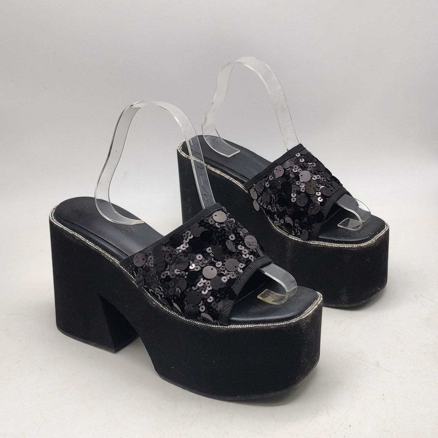 厚底亮片拖鞋防水台超高跟露趾一字拖外穿性感欧美高跟鞋断码清货