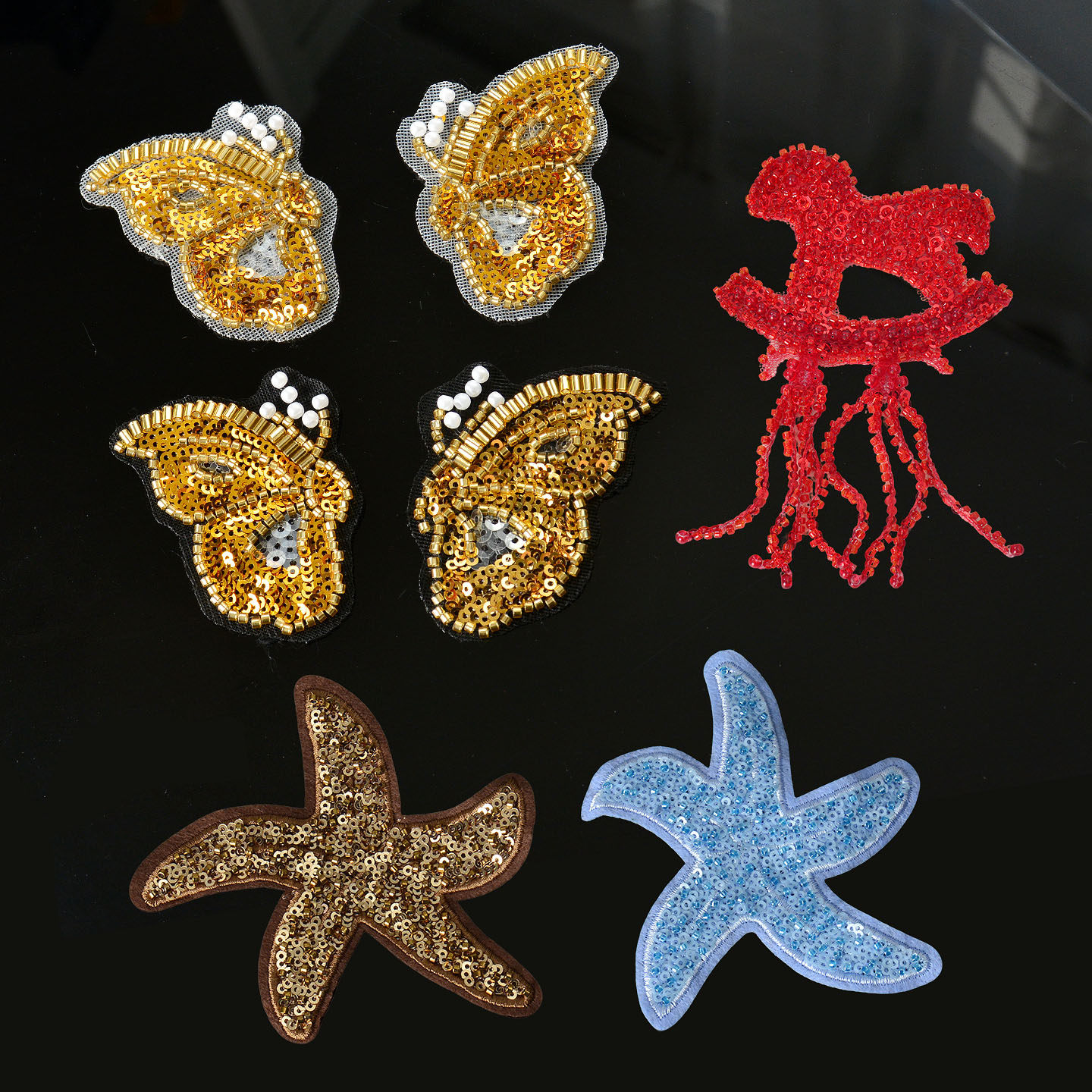 现货金色亮片蝴蝶海星马布贴DIY手工装饰破洞辅料时尚演出服饰品