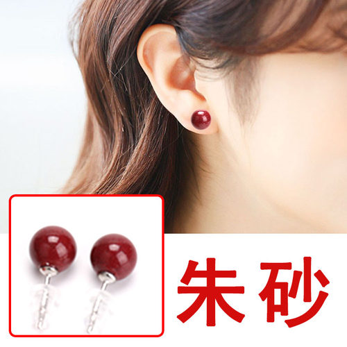 耳钉正品保真925纯银天然朱砂