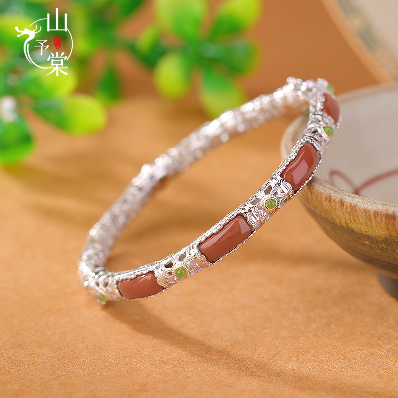 山予棠S925纯银镀金和田玉碧玉南红复古唐草纹镂空无事牌手镯手环