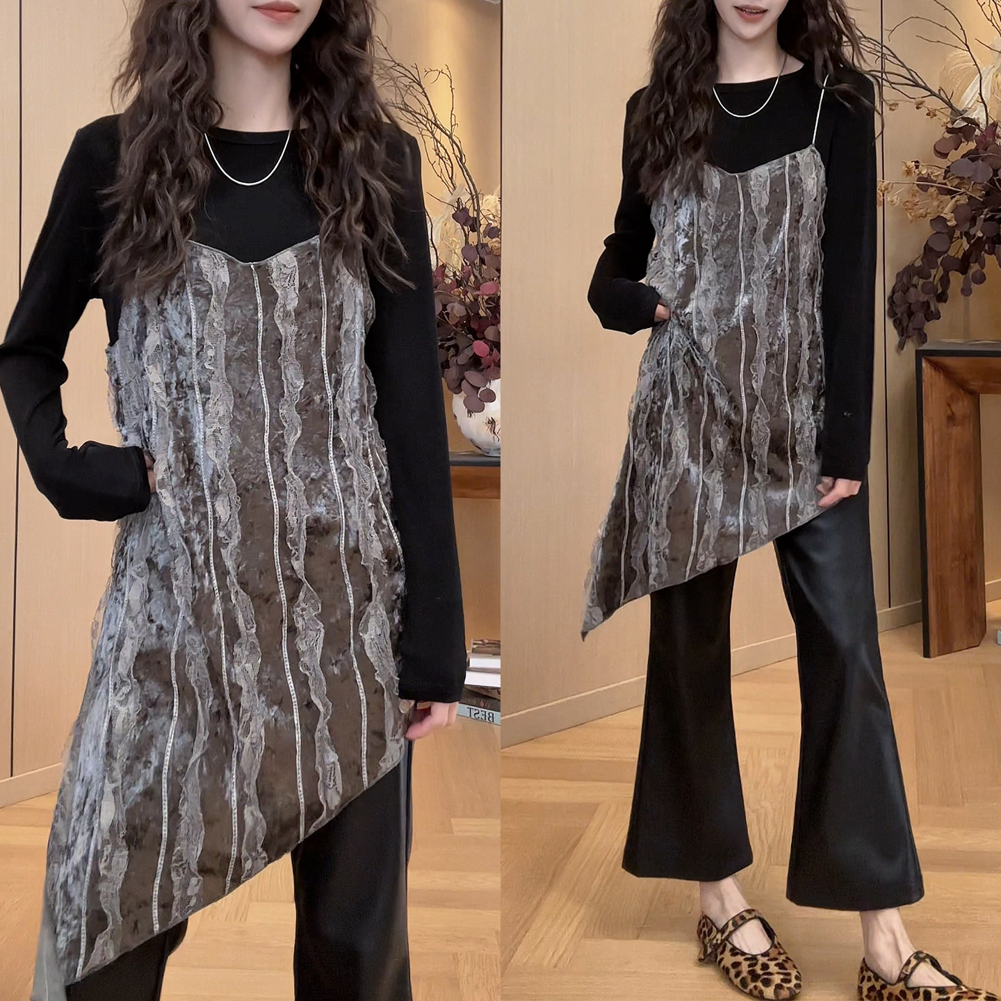 2026超火穿搭春秋套装女丝绒钩花拼接吊带裙长袖打底衫皮裤三件套,女装/女士精品,时尚套装,淘宝优惠券,粉丝福利购,淘宝优惠卷