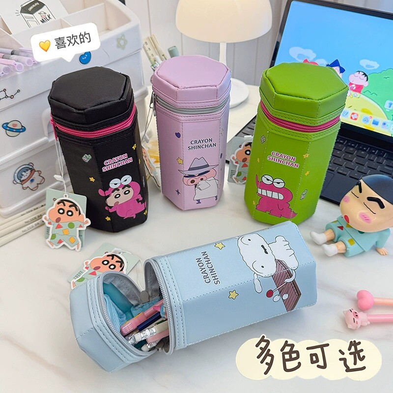 正版蜡笔小新卡通笔筒可爱PU耐用立式笔袋学习用品高颜值学生