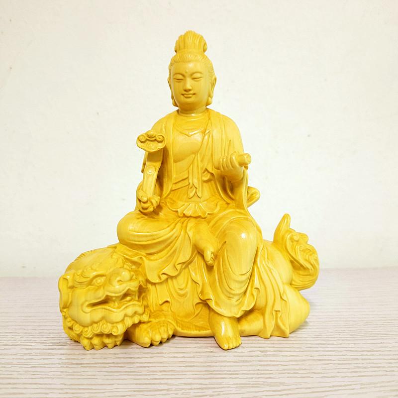 文殊普贤菩萨华严三圣黄杨木雕家居中式黄杨雕刻坐骑狮子大象摆件