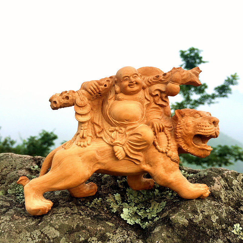 木雕弥勒佛老虎佛像纯手工原木雕刻工艺品家居布袋笑脸和尚摆件