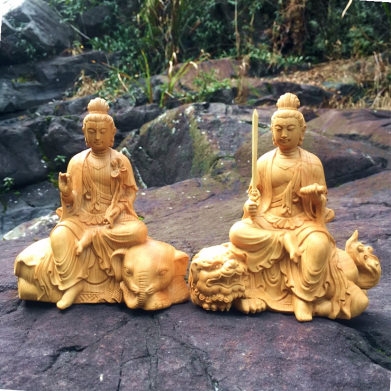 木雕文殊普贤菩萨华严三圣黄杨家居中式黄杨雕刻坐骑狮子大象摆件