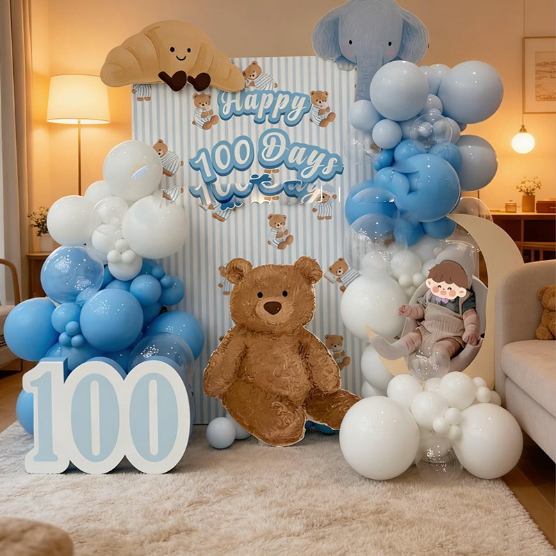 森系卡通可爱动物主题长颈鹿小熊大象熊猫宝宝100天周岁生日派对
