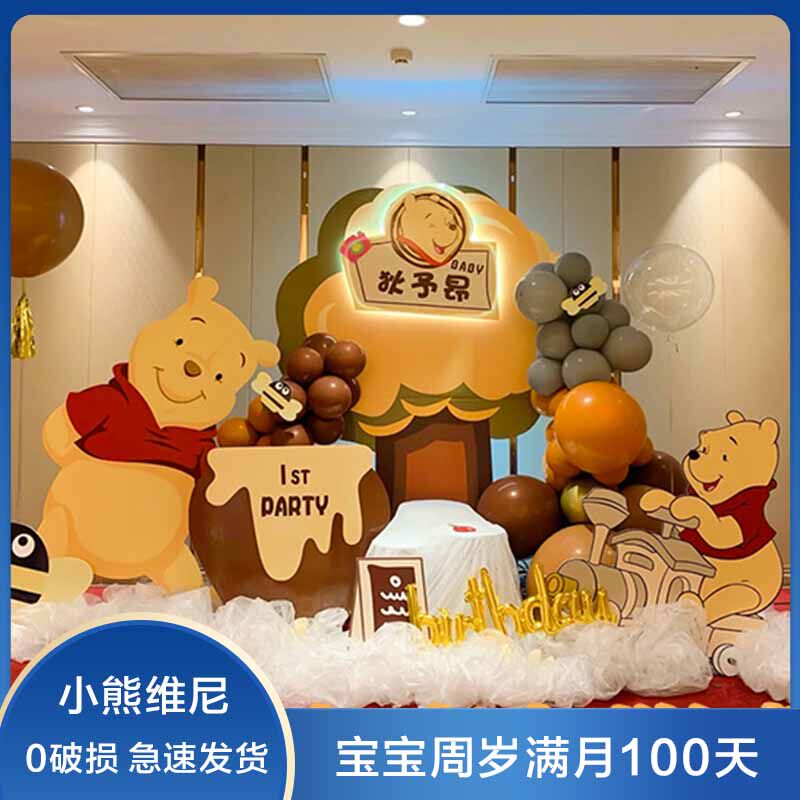 小熊熊宝宝周岁生日布置装饰卡通男女孩百天满月气球酒店背景板