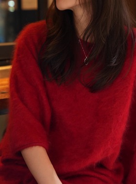 【TTDP】天天家轻奢系列拉毛羊绒短袖毛衣廓形显瘦中长款针织1171