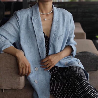 【TTDP】天天家意大利进口色织软亚麻双排扣气质慵懒西服女O0460