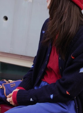 【TTDP】天天家甄选系列100%绵羊毛针织开衫小鱼刺绣V领外套08132