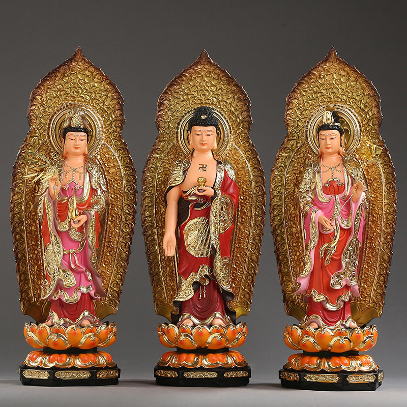 居家供奉彩绘西方三圣树脂佛像站像阿弥陀佛观世音大势至菩萨