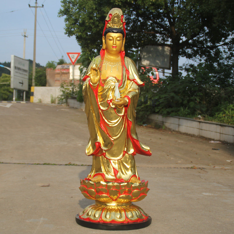 厂家直销树脂观音1米5站贴金彩绘滴水观音佛像寺庙观世音佛像供奉
