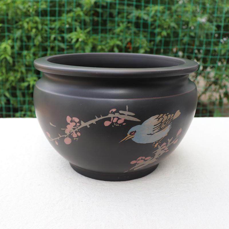 云南建水紫陶器陶瓷茶具茶洗杯洗水孟潘朝凯大师手工制黑陶废水缸