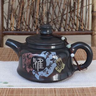 云南建水紫陶茶壶 建陶壶 黑陶壶 名家戴田清装饰 精美残贴茶壶5